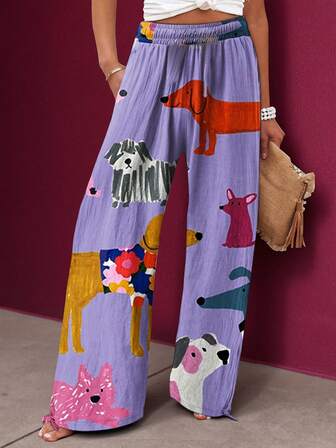 Women's Flowy Pants Summer Collection - Animal Print Boho Trousers With Elastic Waist & Drawstring, Tropical Jungle Print Wide Leg Beach Pants For Vacations, Lightweight Breathable Casual Boho Chic Resort Wear