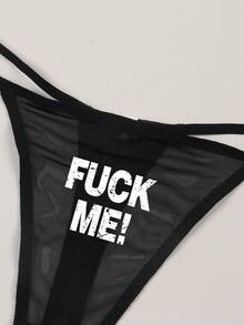 Women's Sexy Semi-Sheer Letter Print Breathable Thong Panties - Black - View 3