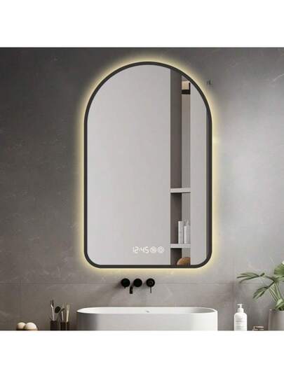 70 120 Cm Arched LED Bathroom Mirror, Time Temperature Display, Backlit, Anti Fog, Dimmable, Three Temperatures Moderne Vanity Ideal Above The Sink, Zwart Frame view 4