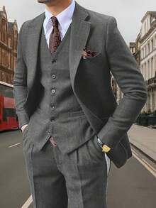 Grey Retro Men's Herringbone Tweed Suit 3 Piece Set Wool Suits 1920's Themed Wedding Suit Vintage Style Groom Tuxedos Set Prom Jacket Blazer Vest Pants - 灰色 - 查看 3