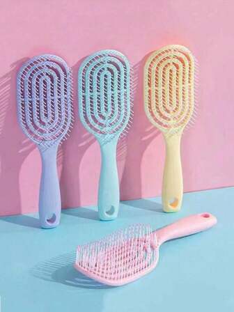 1 pieza Peine de mango largo color rosa para mujeres con diseño de costilla calada, antiestático, desenredante para uso en húmedo y seco, volumizador, herramienta para peinar el cabello, accesorio color rosa