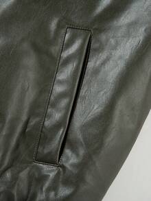 Long Sleeve Regular Fit Bomber Jacket For Women Casual PU Leather Outerwear With Sherpa Collar - 軍綠色 - 查看 6