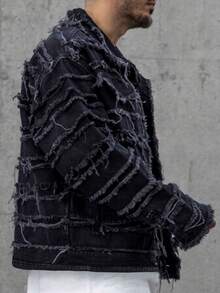 男士黑色流苏牛仔夹克，宽松高街休闲夹克 - 黑色 - 查看 2