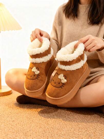 Sanrio Botas quentes femininas Sanrio Hello Kitty com palmilha de EVA, botinhas fofas de inverno plataforma felpuda para mulheres, leves e confortáveis para o inverno