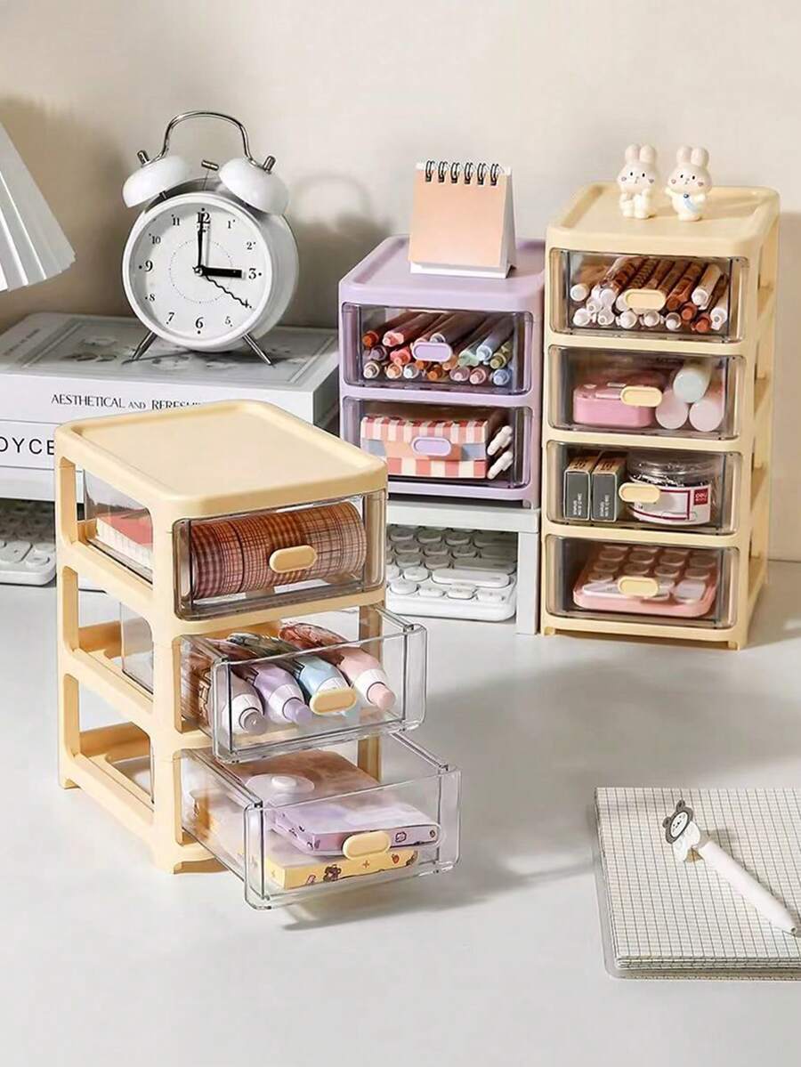 1pc 2/3/4/5 Drawer Transparent Plastic Desktop Storage Box, Office Supplies, Cosmetics, Jewelry Organizer With Drawers, Stackable Desk Organizer Cabinet - Multicolor - View 1