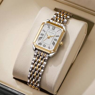 1 Đồng hồ đeo tay thạch anh cổ điển thanh lịch dành cho nữ, mặt vuông có số La Mã, dây đeo bằng thép không gỉ