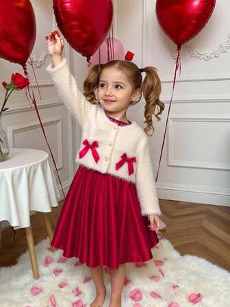 BASUSARRI 2 件套年轻女孩毛绒圆领无袖连衣裙和蓬松蝴蝶结开衫毛衣，优雅淑女风格女孩装，适合生日派对