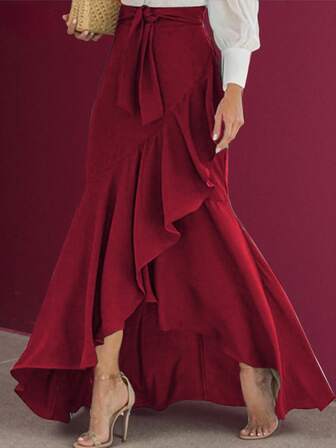 Women's Solid Color Belted Bodycon Asymmetric Ruffle Hem Elegant Skirt, Casual & Sexy For Dates, Halloween