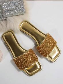 Sandale fără mâneci cu strasuri, pentru femei, ușoare, antiderapante, ținute casual de plajă, potrivite pentru mărimi mari, papuci de vară la modă cu sclipici - Aur - Vizualizare 7