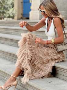 薄纱裙 女士半身裙 复古优雅娇小蓬蓬网纱裙 春季 - 淺咖色 - 查看 10