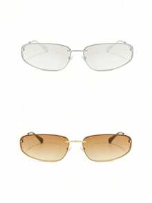 2 件装 2025 新款椭圆形无框 Y2K 时尚眼镜，复古高端欧美风格女士眼镜 - 金框雙茶片+銀框水銀片 - 查看 5