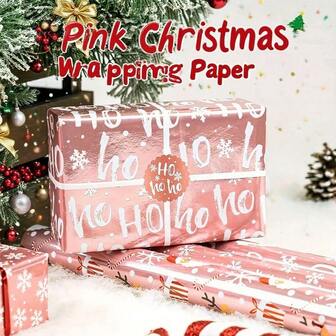 1 张粉色圣诞礼品包装纸，圣诞老人/雪花/驯鹿图案，艺术工艺缝纫级材料，适用于节日礼品包装/派对装饰，不含配件，适用于家庭工艺/礼品店包装，易裁高颜值圣诞包装纸
