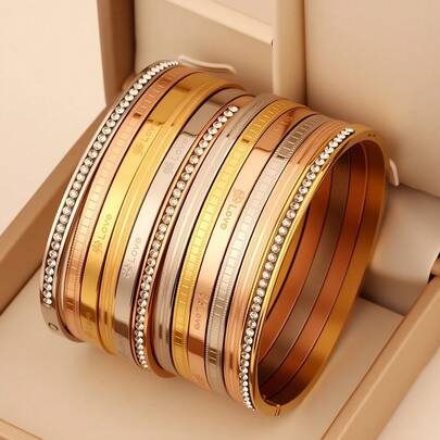 [Lucky Set] 12pcs/3pcs Minimalist Colorful Four-Leaf Clover Gold Bracelet, Cubic Zirconia Inlaid Bangle, Layered Wear, Luxury Gift