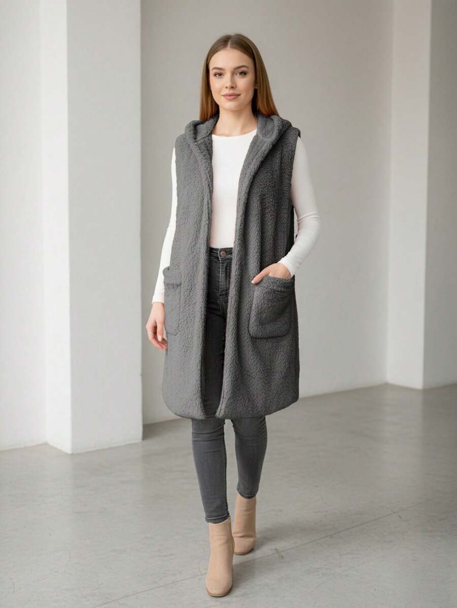 Chaleco largo informal con capucha para mujer con bolsillos delanteros, tejido elástico medio para un estilo cotidiano. - Gris - Ver 1
