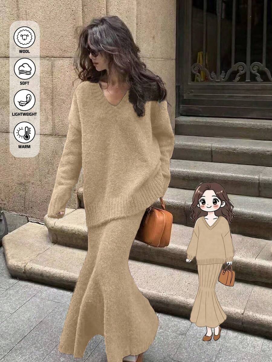 两件套百搭时尚女式毛衣套装，棕色V领长袖针织上衣搭配美人鱼长裙，纯色优雅两件套，适合秋冬季外出穿着。