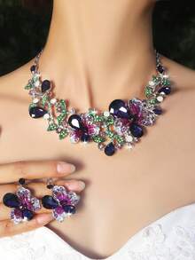 1 set di gioielli di lusso con pendente floreale e orecchini decorati con cristalli, accessori per matrimonio e festa per le donne - fiori - Visualizzare 13