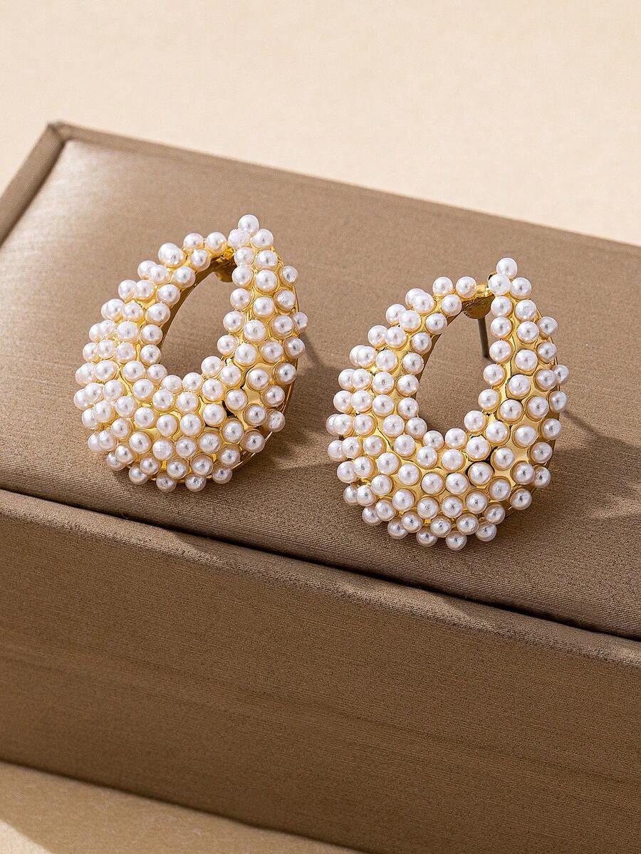 1 Cặp bông tai đính ngọc trai hình bầu dục bất đối xứng bằng hợp kim vàng thời trang, thích hợp để đeo hàng ngày, dự tiệc, tụ tập, đi nghỉ, mặc váy dạ hội - Nhiều màu - Xem 1