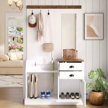 Wardrobe Set With Mirror, Hooks, Drawers And Umbrella Stand. - 白色 - 查看 4