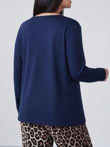 Bộ đồ ngủ dài tay cỡ lớn phổ biến cho nữ mùa thu đông, - Màu xanh hải quân - Xem 3