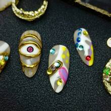10pcs Press On Nails Handmade Acrylic Material Luxury Vintage French Style Gold Abstract Art Design Nude White Beige Color Almond Press On Nail Set 3D Face Sculpture Colorful Dot Details Full Coverage Reusable False Nails Cute Nail Art Suitable For Valentine's Day Gifts Easter Party Daily Wear Art Events - trắng - Xem 5