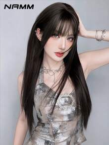 NAMM 28英寸超长直发黑棕色假发，带刘海 - 长款自然层次假发，高品质柔软合成纤维直发假发，适合女性日常佩戴、角色扮演、樱花庆典、魅力派对、街头服饰摄影 - 女孩礼物假发配件 - Black-brown - 查看 5