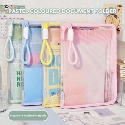 Pasta grande A4 à prova d'água com bolso transparente para documentos, clipe e cordão incluídos