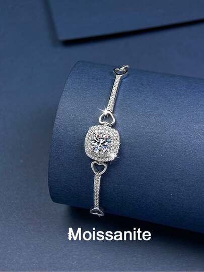 1pc Luxury 925 Sterling Silver 1 Carat 6.5mm Moissanite Bracelet, Suitable For Commute, Party, Vacation, Birthday, Valentine's Day, Halloween, Mother's Day, Wedding Anniversary, Christmas, Women's Jewelry Gift