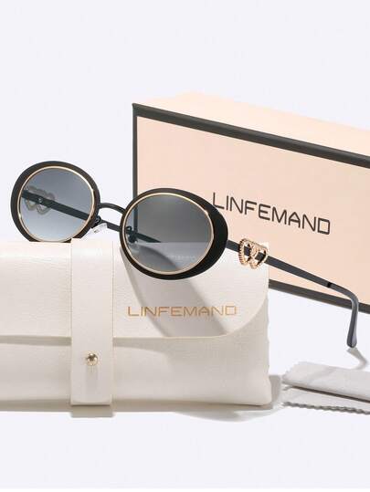  LINFEMAND 高级金属椭圆形小框装饰时尚眼镜，镜腿饰有心形图案，百搭配饰，礼品