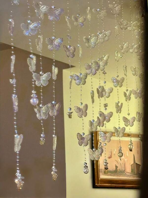 1 set Cortina de puerta de cuentas de cristal y mariposas de acrílico transparente - Panel de resina traslúcida blanca/gris/beige para bodas, fiestas, decoración del Día de San Valentín, decoración del hogar - Diseño de mariposa fácil de colgar (sin electricidad requerida)