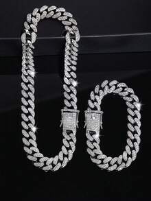 2 Pieces Exquisite Cuban Chain Necklace Bracelet Set, Unisex Hip-Hop Jewelry, Sparkling Christmas/Valentine's Day Gift