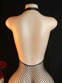 女士性感透视吊带连体裤，搭配开裆丝袜 - 露背高弹力内衣，网纱镂空设计，无胸垫，纯黑色诱惑风格（手洗） - 异域风情内衣，睡衣，家居服，柔软春季款 - 黑色 - 查看 5