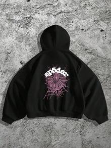 Spider Web Graphic Black Hoodie, Men's Casual Long Sleeve Pullover Hooded Sweatshirt With Pocket, Comfortable Cotton Polyester Knit Fabric Y2K Street Style, For Autumn/Winter - 黑色 - 查看 1