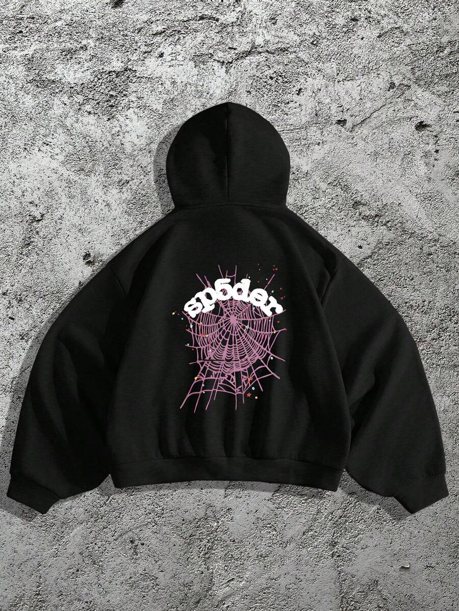 Spider Web Graphic Black Hoodie, Men's Casual Long Sleeve Pullover Hooded Sweatshirt With Pocket, Comfortable Cotton Polyester Knit Fabric Y2K Street Style, For Autumn/Winter - 黑色 - 查看 1