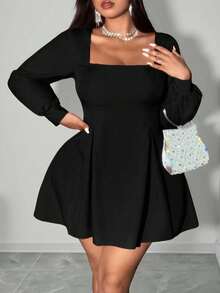 RNU Plus Size Women Elegant Woven Non-Stretch Solid Color Fabric Dress, Hidden Zipper Back, Puff Sleeves, Wide Collar, Plus Size New Autumn/Winter Outfit, Suitable For Concerts, Fashion Versatile Outerwear, Plus Size New Autumn/Winter Outfit, Suitable For Parties, Gatherings, Night Dates, Christmas, New Year, Wedding Guest Attire, Long Sleeve Versatile Short Dress