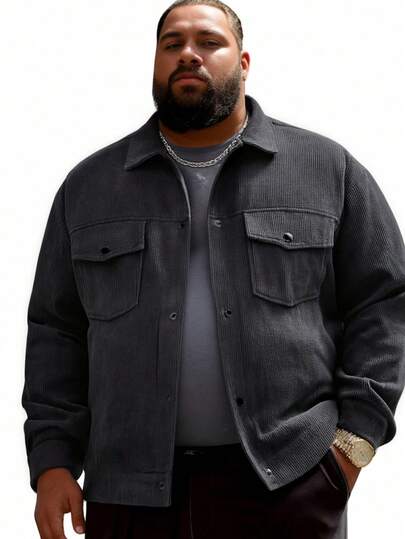 6XL加大码男士灯芯绒长袖衬衫，男士休闲运动服，纽扣开襟羊毛领开衫外套，适合周末休闲穿着，适合体重超过300磅（约136公斤）的人士