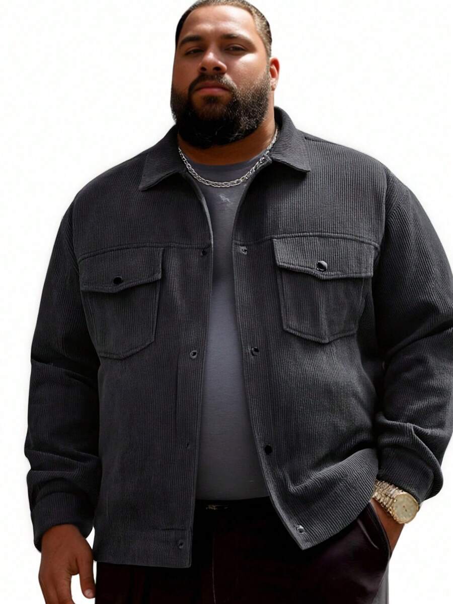 6XL Plus Size Men's Corduroy Long Sleeve Shirt, Men's Casual Sportswear, Button-Up, Wool Collar Cardigan Jacket, Suitable For Weekend Casual Wear, Fits Individuals Weighing Over 300 Lbs (Approx. 136 Kg) - Black - View 1
