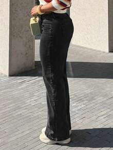 Women's Insert Pocket Loose Casual Basic Straight Jeans - Black - View 3