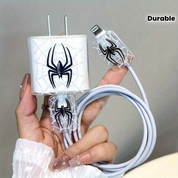 Marvel 3pcs TPU Spider Web Charging Adapter & Cable Protector Set Compatible With IPhone 20W Adapter - Interface Protection, Ideal Gift, No Battery Required