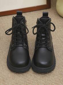 黑色真皮儿童靴一双，系带设计，侧拉链，皮带和金属扣设计，圆头，柔软平底防滑舒适可爱中筒靴，适合3-12岁男孩女孩，秋冬新款 - 黑色 - 查看 2