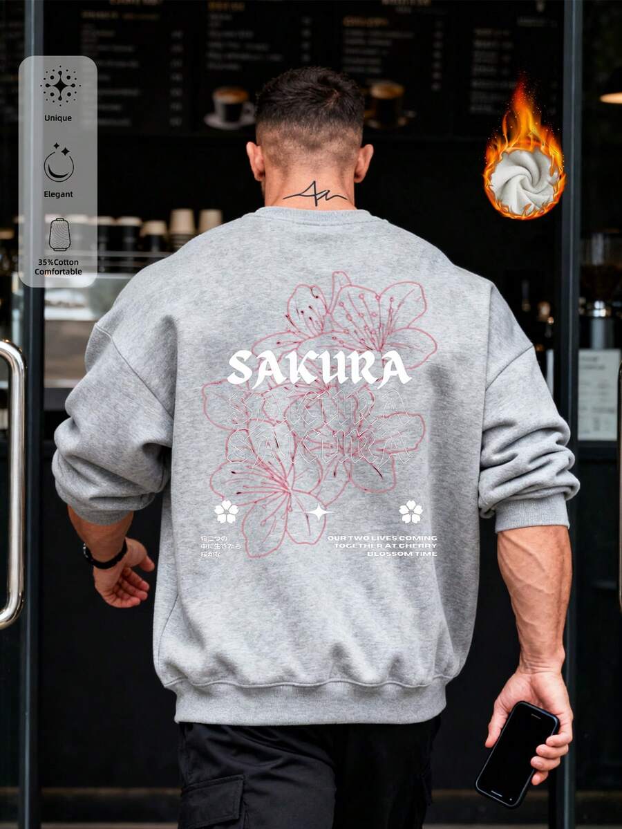 Moletom com estampa floral original Sakura Blossom, roupas femininas para o outono, moletom com capuz grande e manga comprida com ombros caídos, blusas plus size de inverno com forro de lã, novidades em suéteres e moletons com capuz, blusas vintage Harajuku, agasalhos masculinos, pulôveres estéticos masculinos, moletom com capuz luxuoso de grife peludo, agasalhos da moda urbana - Cinza - Ver 1