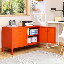 Orange Metal Storage Cabinet With Doors And Shelves,2 Door Wide Metal Locker Accent Storage Cabinet With Leg & Vent Hole,Wide TV Cabinets,Low Side Cupboard For Home,Office,Dining/Living Room - trái cam - Xem 5