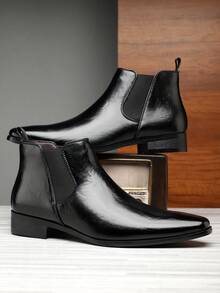 1 Paar Herren Elastic Side runder Zehenpartie Low Heel PU Leder Obermaterial Gummisohle Leicht Schlüpfen Chelsea Stiefel, geeignet für Business Lässig Anlässe - Schwarz - Übersicht 3