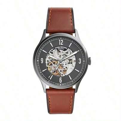 Fossil Men's Automatic Mechanical Leather Watch, Black Dial, Hollowed Out Mechanical Feel, Niche Design, Retro Style, Light Luxury Texture, Business Style That Looks Manly, Suitable For Daily Wear, As A Gift, Father's Day, Anniversaries.ME3118