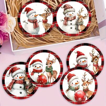 1 Set Of 6-Piece Christmas Snowman And Reindeer Pattern Coaster Set - Wooden, Round Drink Coasters, Suitable For Holiday Home, Office And Bar Decoration - Ideal Winter Gifts, Christmas Gifts, Christmas Decorations, Available In 1 Set, 2 Sets Or 31 Sets