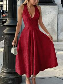 Unadoll Women's Winter Sexy Bareback Hanging Neck Collar Strap 3D Jacquard Fabric Elegant Dress, Suitable For Dinner, Date, School Start, Cocktail Party, Wedding Event, Christmas, Thanksgiving