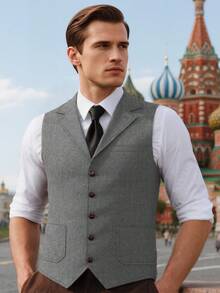 Casual Men's Vests Herringbone Tweed Vest V-Neck Waistcoat For Men Retro Men's Wedding Vests Hunting Travel Workwear Vest - 銀色 - 查看 4