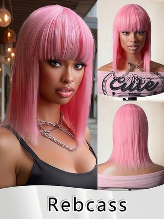 Peluca corta tipo bob elegante para mujer de 12 pulgadas, cabello liso, con redecilla de rosa, aspecto natural, de fibra sintética, adecuada para uso diario de mujeres y niñas, regalo para fiestas, decoraciones y regalos de Navidad, en colores negro/rojo/marrón