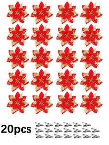 1/10/20pcs Poinsettia Artificial Flowers For Christmas, Fake Christmas Tree Branches Decor, Home Decoration, Floral Decor, Party, Wreath, New Year Outdoor Decoration