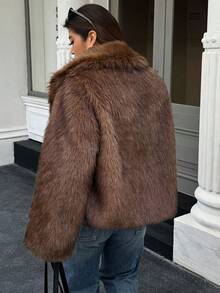 Cappotto di pelliccia con ampio bavero di grandi dimensioni Doriss, adatto per l'inverno, con bottoni, casual elegante, per donna, adatto per Capodanno, feste eleganti, Ringraziamento - Marrone - Visualizzare 4
