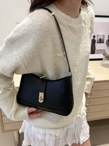 真皮腋下包，时尚女士手提包，纯色单肩包，简约经典女士斜挎包 - 黑色 - 查看 4
